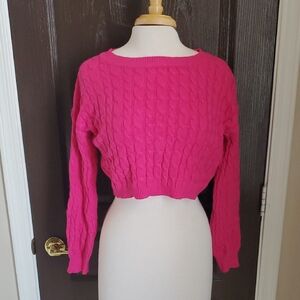Women's Pink Cable Knit Cropped Sweater
